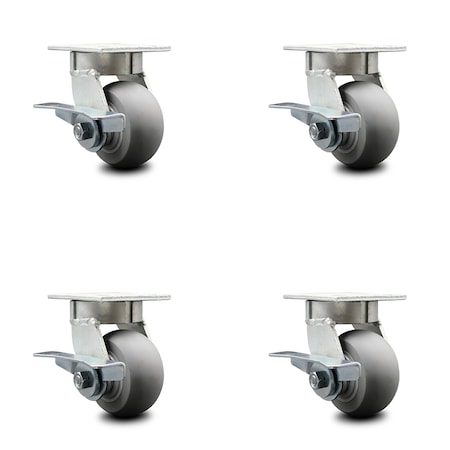 Service Caster 4 Inch Kingpinless Thermoplastic Rubber Wheel Swivel Caster Set with Brakes SCC SCC-KP30S420-TPRRD-SLB-4